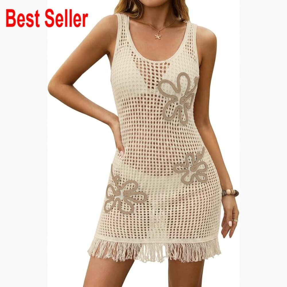Crochet Beach Cover Up with 3D Floral Mesh and Fringe